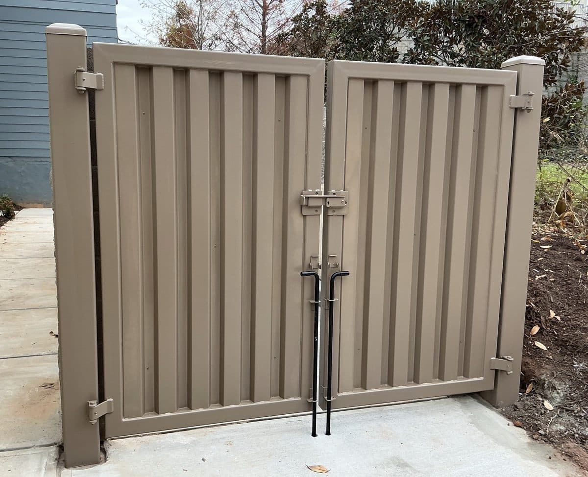 Dumpster enclosure gate and hardware detail, Atlanta, GA