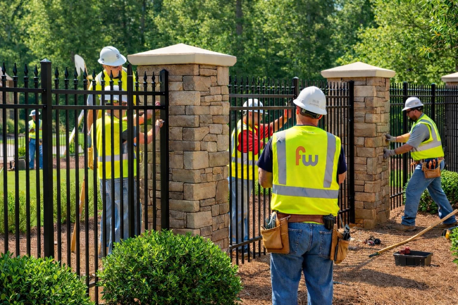 Professional fence installation crew working on iron fence with stone pillars